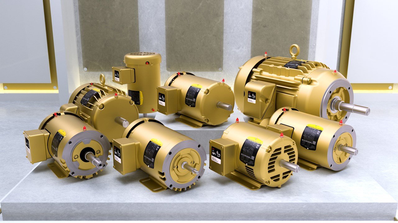 A lineup of industrial electric motors in a range of frame sizes